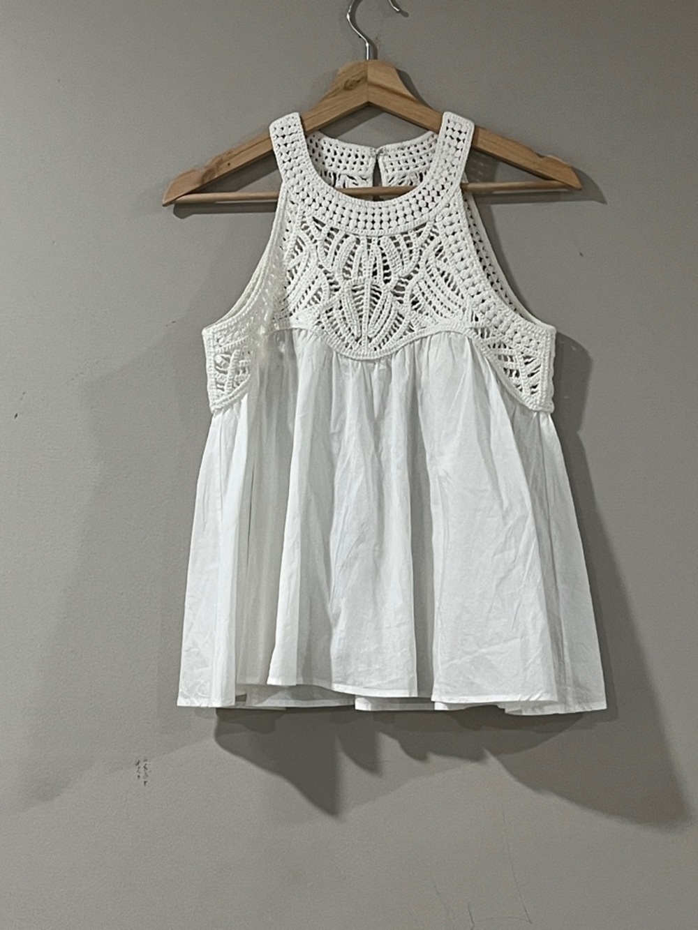 Maje White Crochet Yoke Sleeveless Swing Camisole